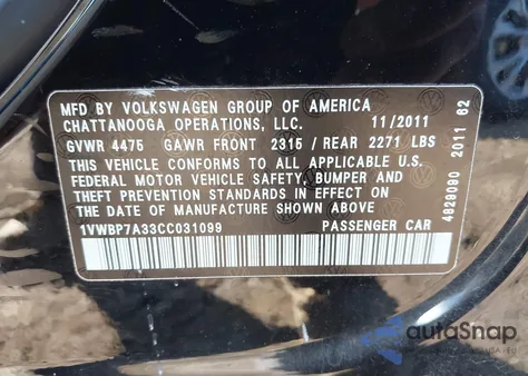 2012 Volkswagen Passat 2.5L Se z USA, uszkodzony, nr VIN 1VWBP7A33CC031099